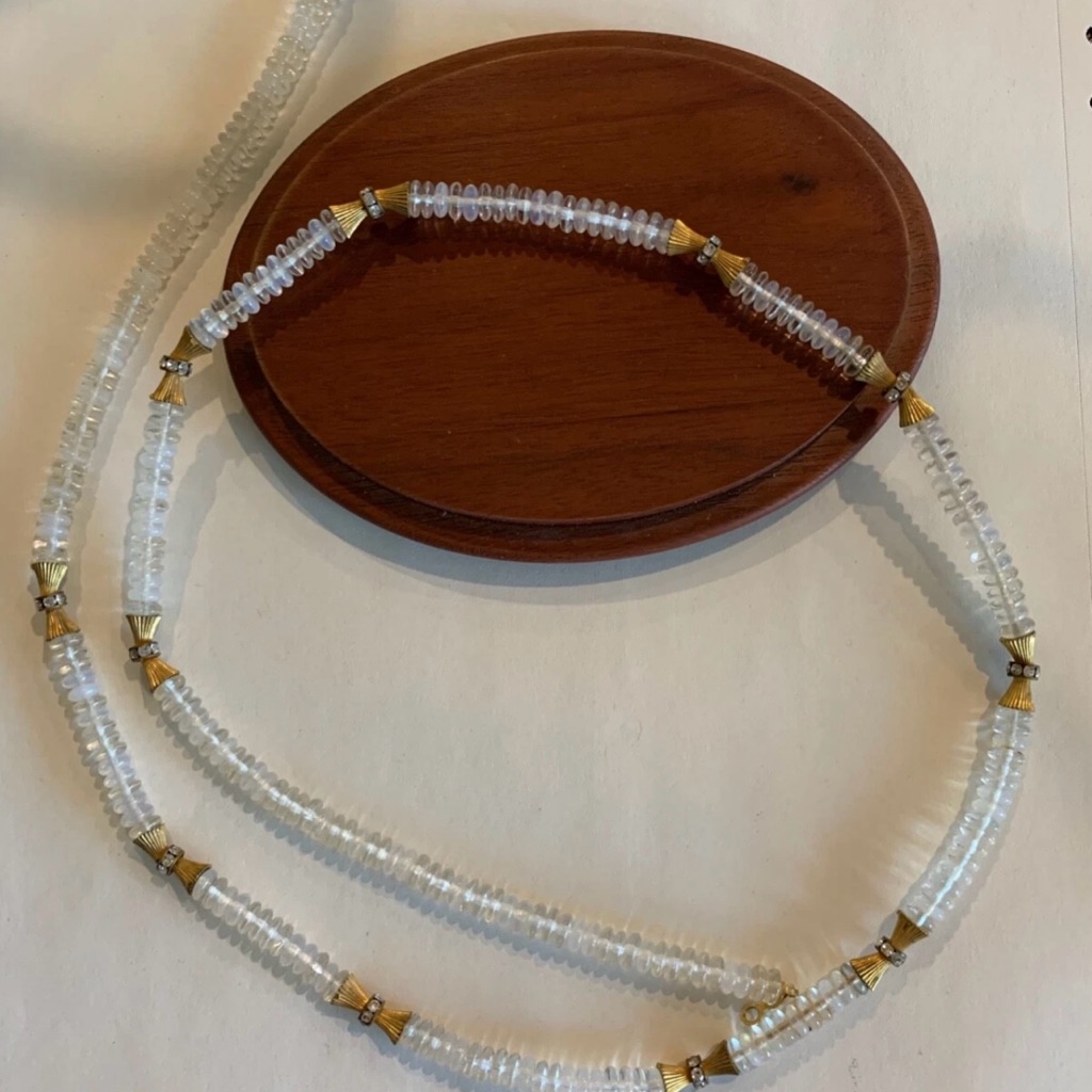 Vintage Designer Vogue Clear Glass Beads And Rhinestone Necklace Gold Clasp 29 300$